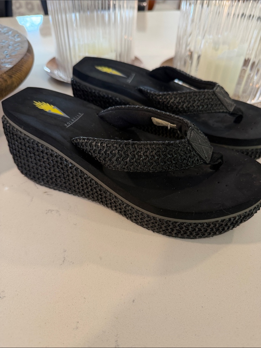 Volatile Black Woven Platform Wedge Flip Flops